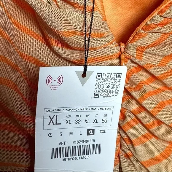 Zara Draped printed orange tulle Elegant Peach Spaghetti Strap Dress XL NWT - Picture 9 of 16